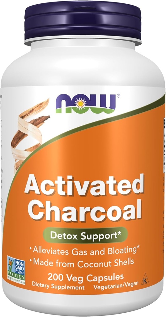 NOW Foods Supplements, Activated Charcoal Made from Coconut Shells, Non-GMO Project Verified, Detox Support*, 200 Veg Capsules