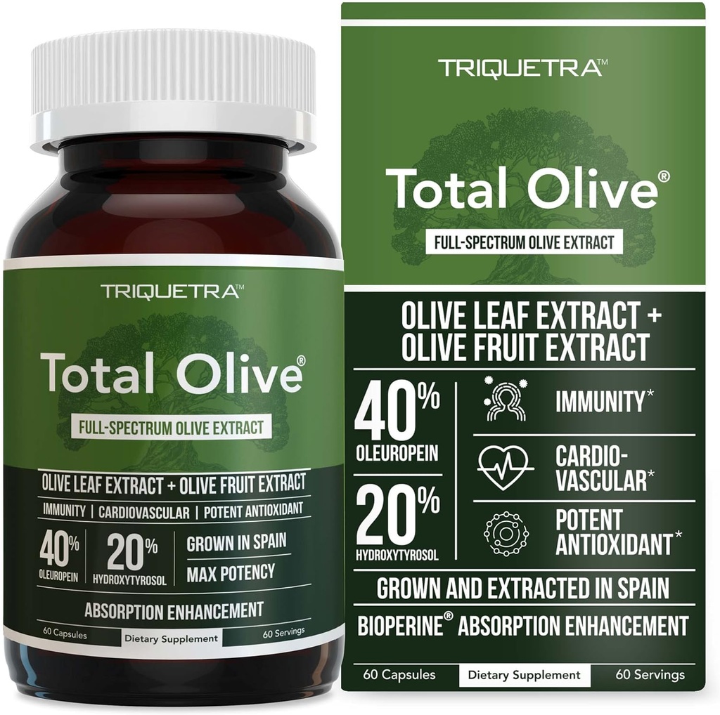 Total Olive® - Olive Leaf Extract(40% Oleuropein) Plus Olive Fruit Extract(20% Hydroxytyrosol) - フルスペクトラム抽出物が増加し、スペインで抽出 - BioPerine吸収増強(60カウント)