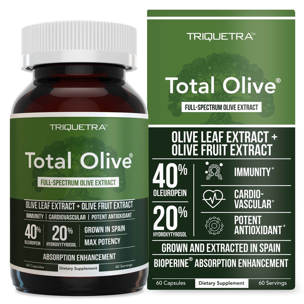 Total Olive® - Olive Leaf Extract(40% Oleuropein) Plus Olive Fruit Extract(20% Hydroxytyrosol) - フルスペクトラム抽出物が増加し、スペインで抽出 - BioPerine吸収増強(60カウント)