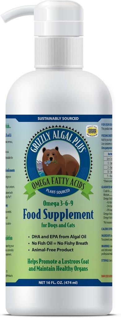 Grizzlyペット製品Algal Plus Omega 3-6-9 犬と猫のための食品サプリメント, 16 オーアンスボトル