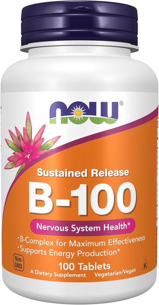 NOW Foods Supplements, Vitamin B-100, Sustained Release, Energy Production*, Nervous System Health*, 100 Tablets