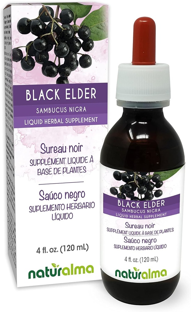 ナチュラルマ ブラック エルダー (Sambucus nigra) 花 (Elderflower) と フルーツ (Elderberry) アルコールフリー チンキ - 4 fl oz 液体抽出物 に ドロップ - ハーブ サプリメント - ビーガン