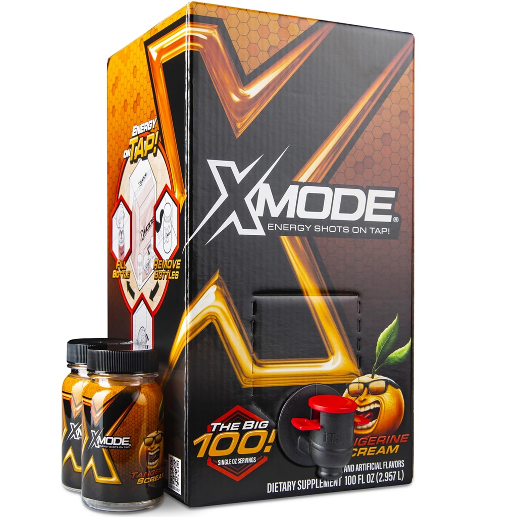 XMODE タップで余分な強度エネルギーショット - タンジェリン風味、砂糖無料、オンスあたり 150mgカフェイン、B12、100 (1oz) サービング、2 補充ボトル付きディスペンサー