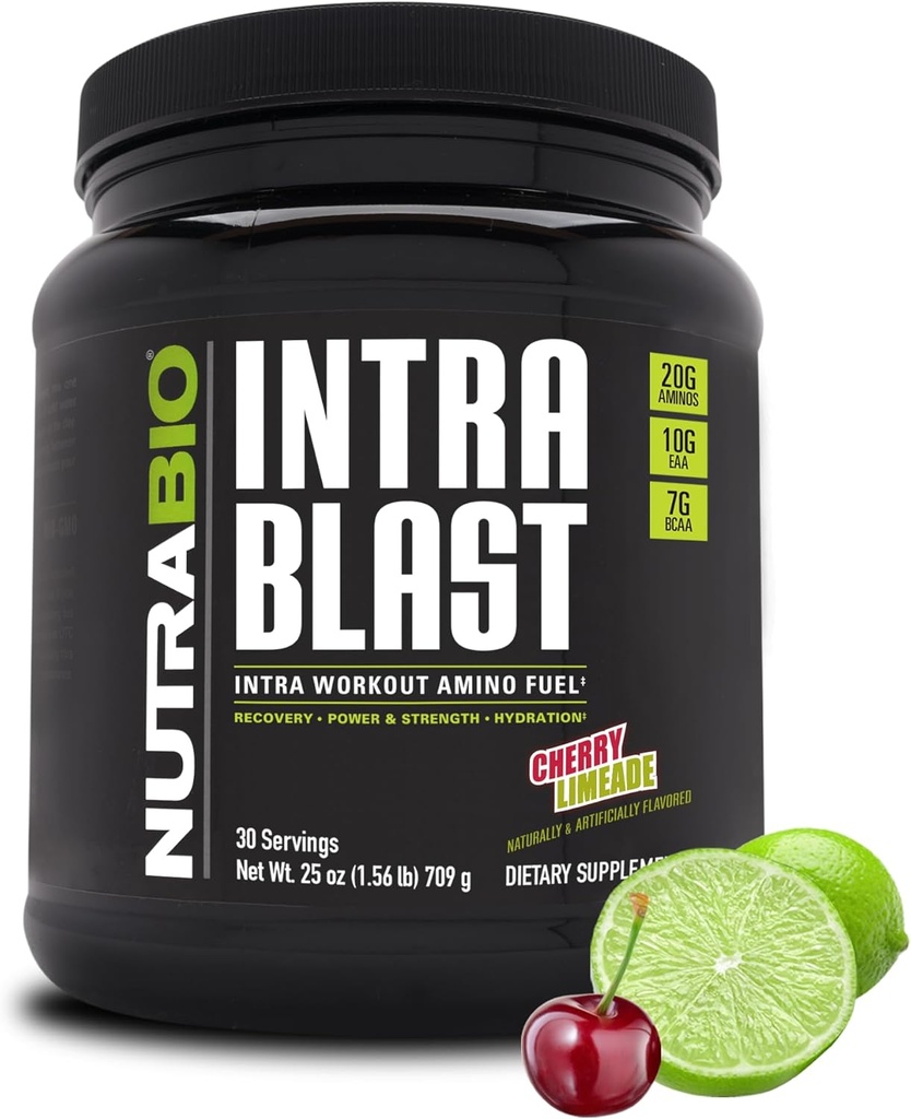 NutraBio Intra Blast Bcaaの粉のアミノ酸の補足、電解質及び水和のブレンド、Intra、前ワークアウト及び筋肉回復、20g Eaaaのアミノ酸の粉、5gグルタミンチェリーのLimeade、30のサービング
