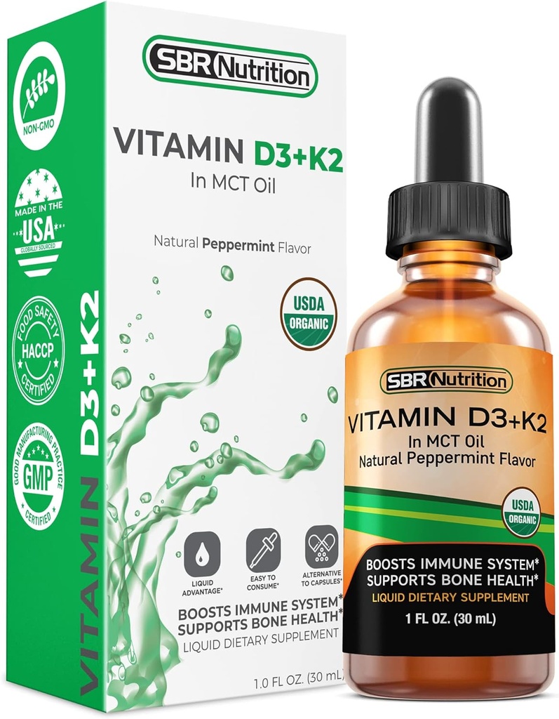 MAX Absorption, Vitamin D3 + K2 (MK-7) Liquid Drops with MCT Oil, Peppermint Flavor, Helps Support Strong Bones and Healthy Heart