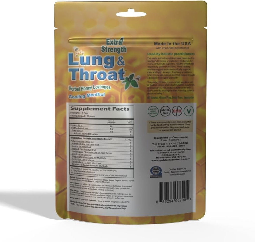 Lung & Throat Herbal Lozenges - QAI認定オーガニック  蜂蜜ミント咳ドロップ - 6パック