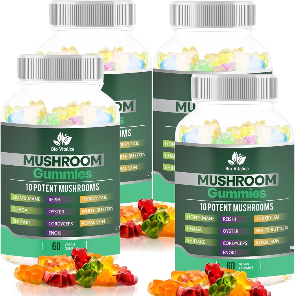 BIO VITALICAマッシュルーム - ライオンズ・マネ、レイシ、チャガ、コルディプス&その他 - フルーティーヴィーガン・グミーズ - 非GMO、グルテンフリー、植物ベースの - 4パック