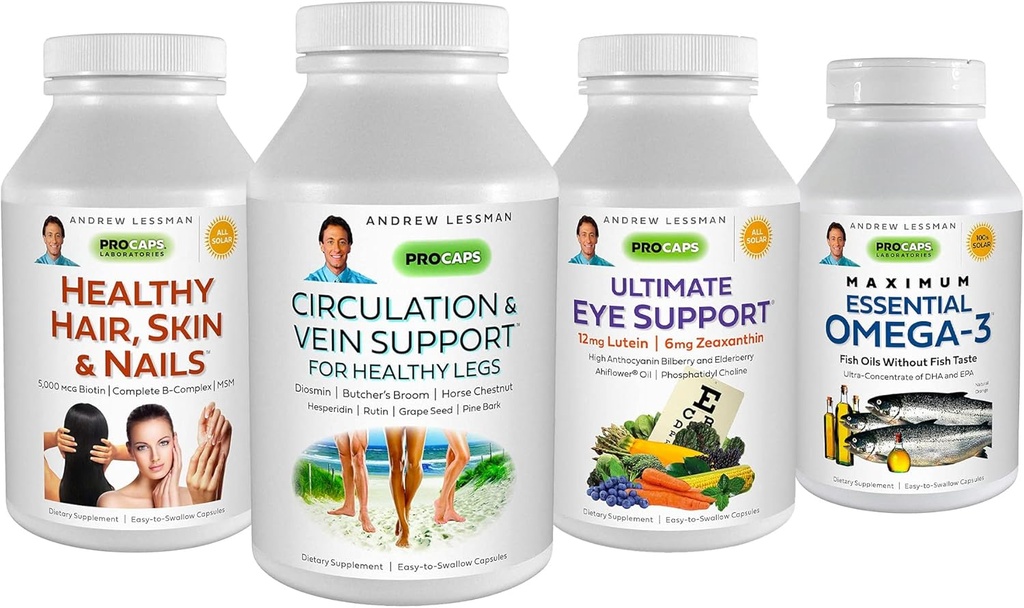 ANDREW LESSMAN 4 製品の顧客お気に入りバンドル - 60 カウント各循環&静脈サポート、健康な髪、皮膚と爪、究極の目サポート、最大エッセンシャルオメガ-3(オレンジ)