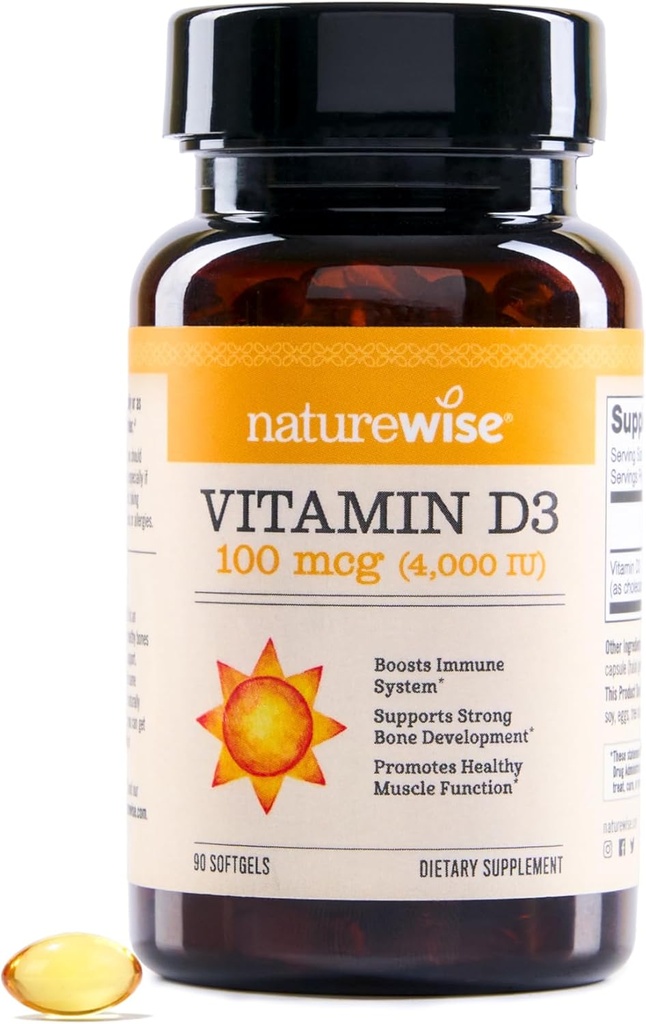 NatureWiseビタミンD3 4000iu (100 mcg) 免疫サポート、健康な筋肉機能および骨の健康のための90日の供給 - 非GMO、有機エキストラバージンオリーブオイル、(ミニSoftgel)、90カウント