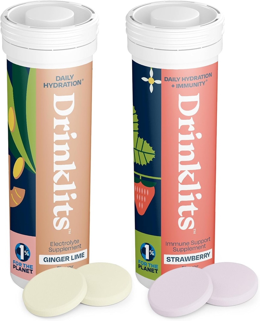 Drinklits Ginger-Lime Electrolyte Hydration & Strawberry Immunity タブレット (2) Tube Combo Pack | 素晴らしい味 – グルテンフリー – 毎日の使用 | 20 便益 (1 チューブあたり10錠)