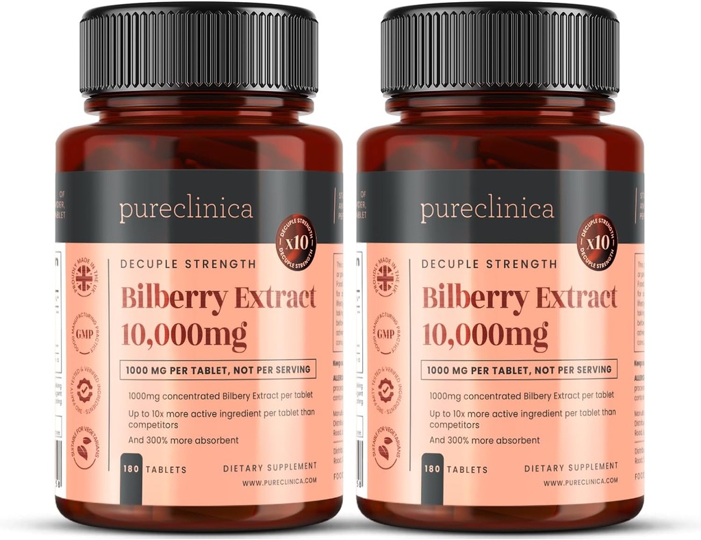 Pureclinicaのビルベリーのエキス10,000mg x 360のタブレット(2本のびん) -ほとんどの他よりタブレットごとの10 xより多くのアントシアニジン-および300%のための5mgの黒のコショウのエキスは吸収を高めました
