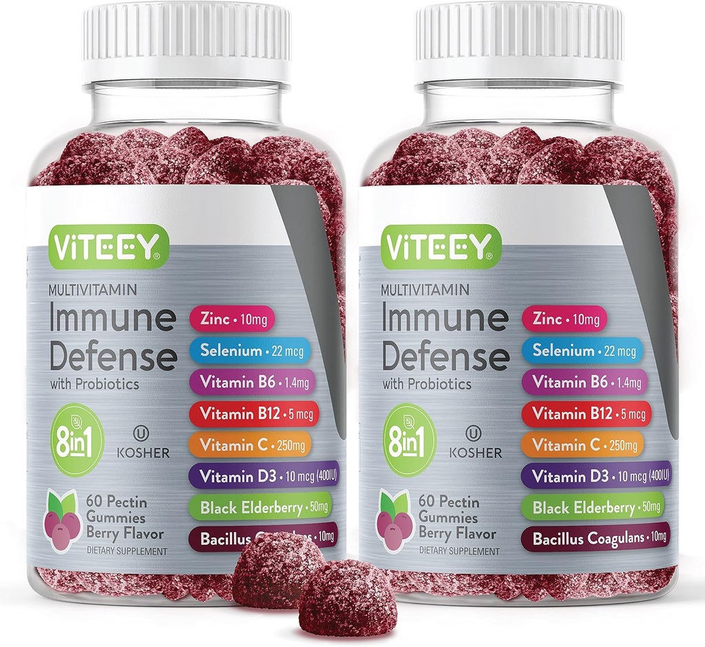 Viteey Multivitamin Gummies 8 in 1 プロバイオティクスと免疫サポートサプリメント - ベジタリアン、ゼラチンフリー、GMOフリー - Chewable Berry Flavored Pectin Immune Defense