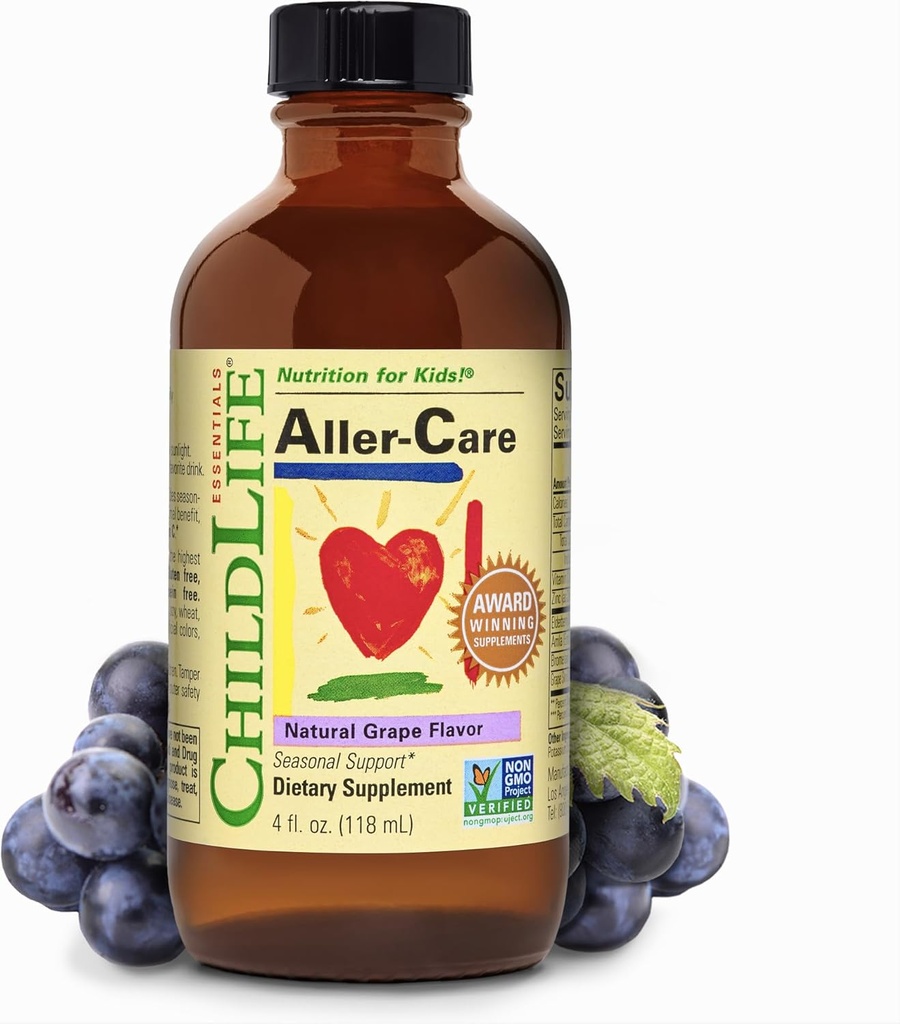 CHILDLIFE ESSENTIALS Aller-Care - Natural Grape Relief for Kids & Toddlers, Seasonal Support with Elderberry, Bromelain, Vitamin C - Immune Boosting Formula, 4 Fl Oz
