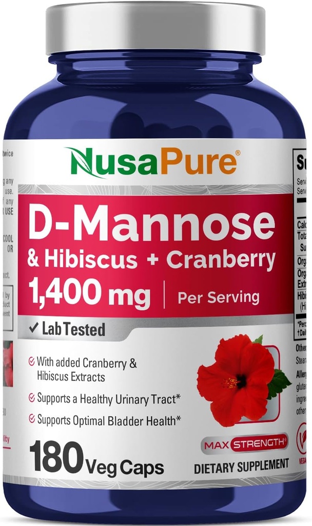 NusaPure D-Mannoseコンプレックス1400mg(ハイビスカスとクランベリー付き) - 180ベジギーキャップ。