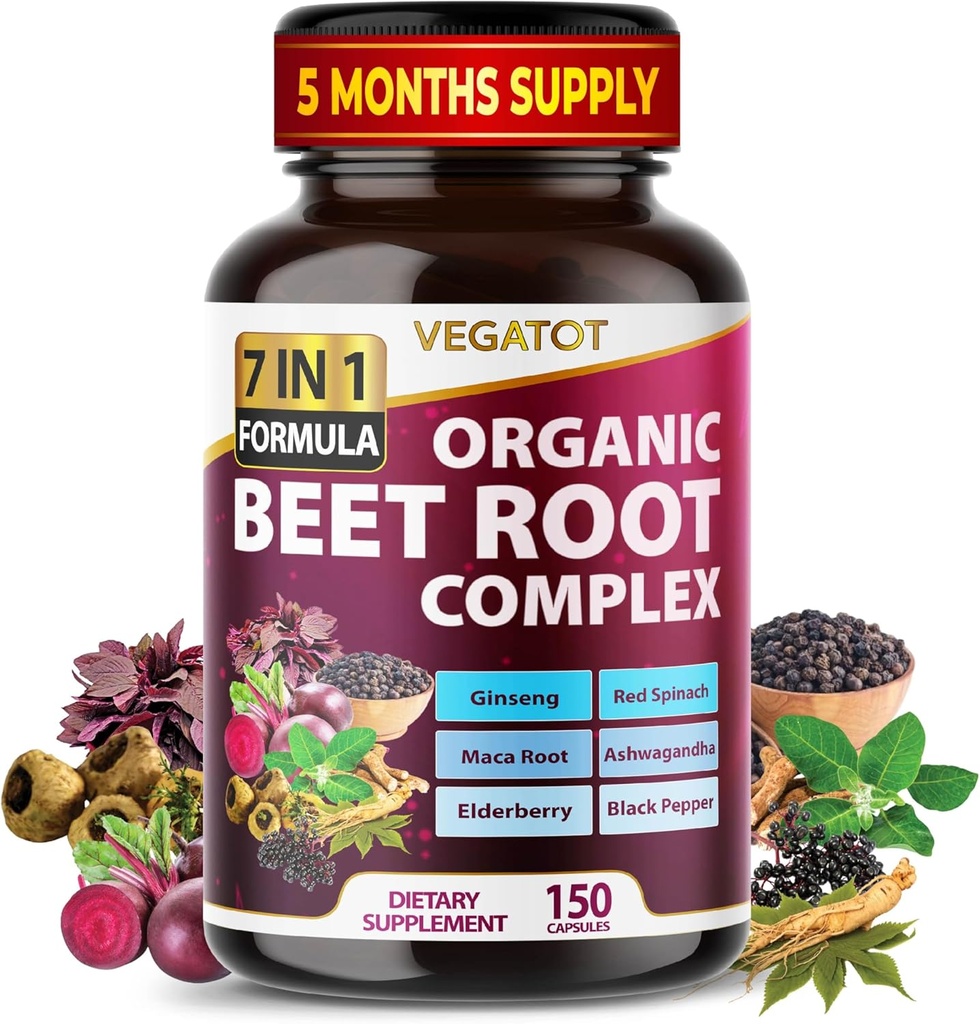 VEGATOT Beet Root *USA Made and Tested* Concentrated with Ginseng Maca Root Ashwagandha - Energy Stamina Immune Support (150 Count (Pack of 1))