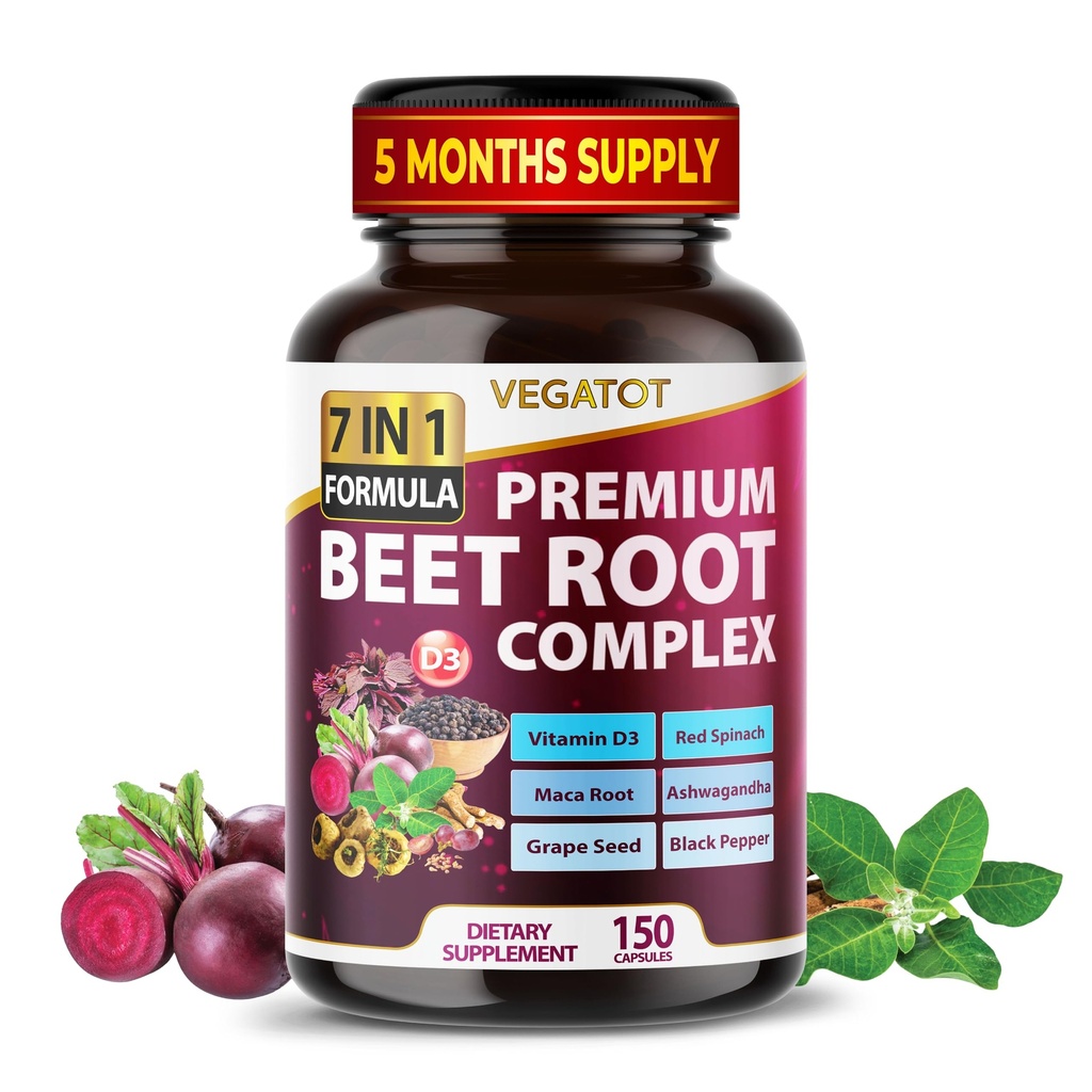 VEGATOTビートルート *アメリカ製テスト済み* Ginseng Maca Root Ashwagandha - エネルギースタミナ免疫サポート(150カウント)