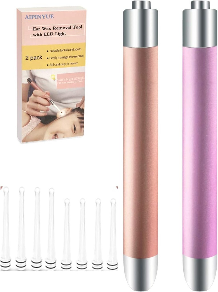 Ear Pick，Ear Wax Removal Tool，LED Lights Ear Cleaning Kit，Updated Version、Non-Slip，Soft Safety Spoon Head，Replaceable and Easy to Clean，Safe Material