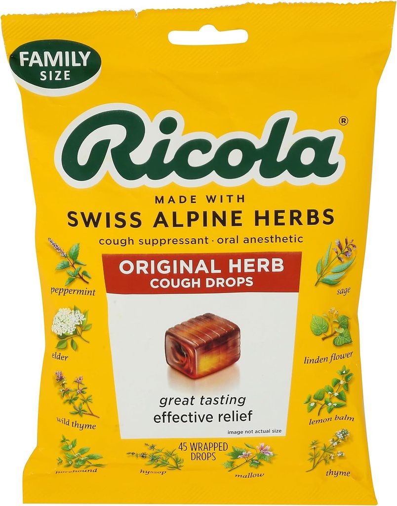 Ricolaの元のハーブの咳の低下、45の計算、咳の抑制剤及び自然な源を付けられたメンソールが付いている脅威の緩和の低下、咳及び喉の刺激の症状救助のための増加の草の好み