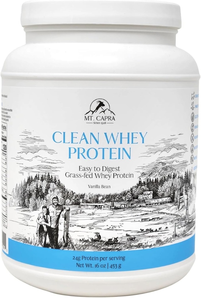 Mt. Capra Clean Whey Protein | 草花フェッド ゴット ウィー プロテインパウダー | 24g たんぱく質 食べ放題 天然・非GMO ブランチ チェーン アミノ酸 ハイ | バニラ 豆 | 15 仕入 - 16 oz