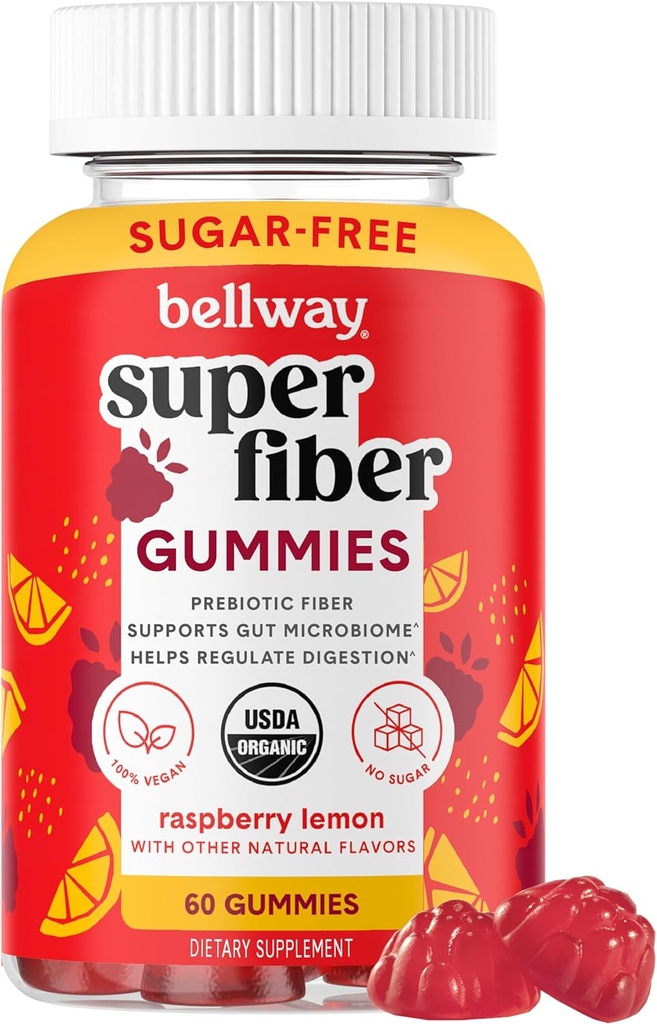 Bellway Super Fiber Gummies for Adults - Sugar Free Organic Fiber Supplement Gummies with 4g of Fiber per Serving - Prebiotic Chicory Root Fiber for Digestive Gut Health, Raspberry Lemon, 60 Count