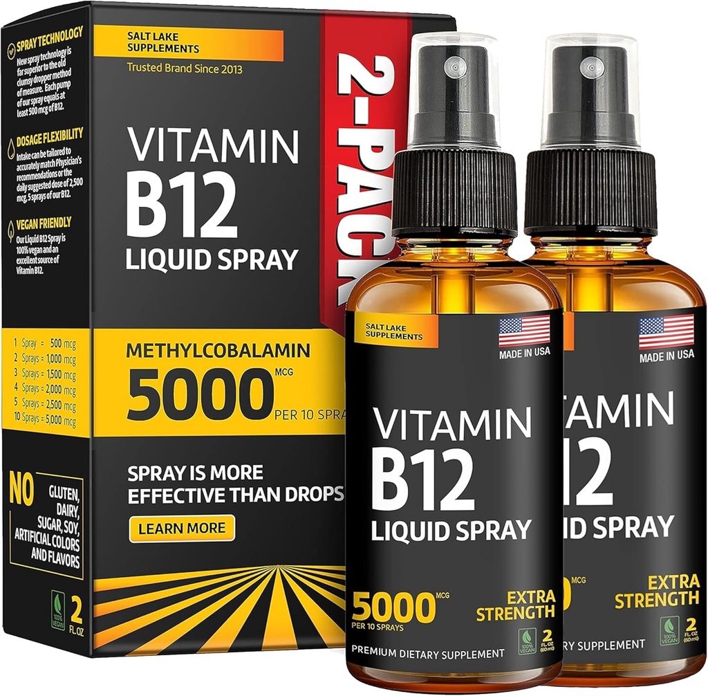 (2パック) - 液体B12スプレー5000 mcg - ビタミンB12サブリンガル - ビーガンB12ビタミンスプレー - メチルコバラミンビタミンB12液体ブーストエネルギー&気分 - グルテンフリー&非GMO