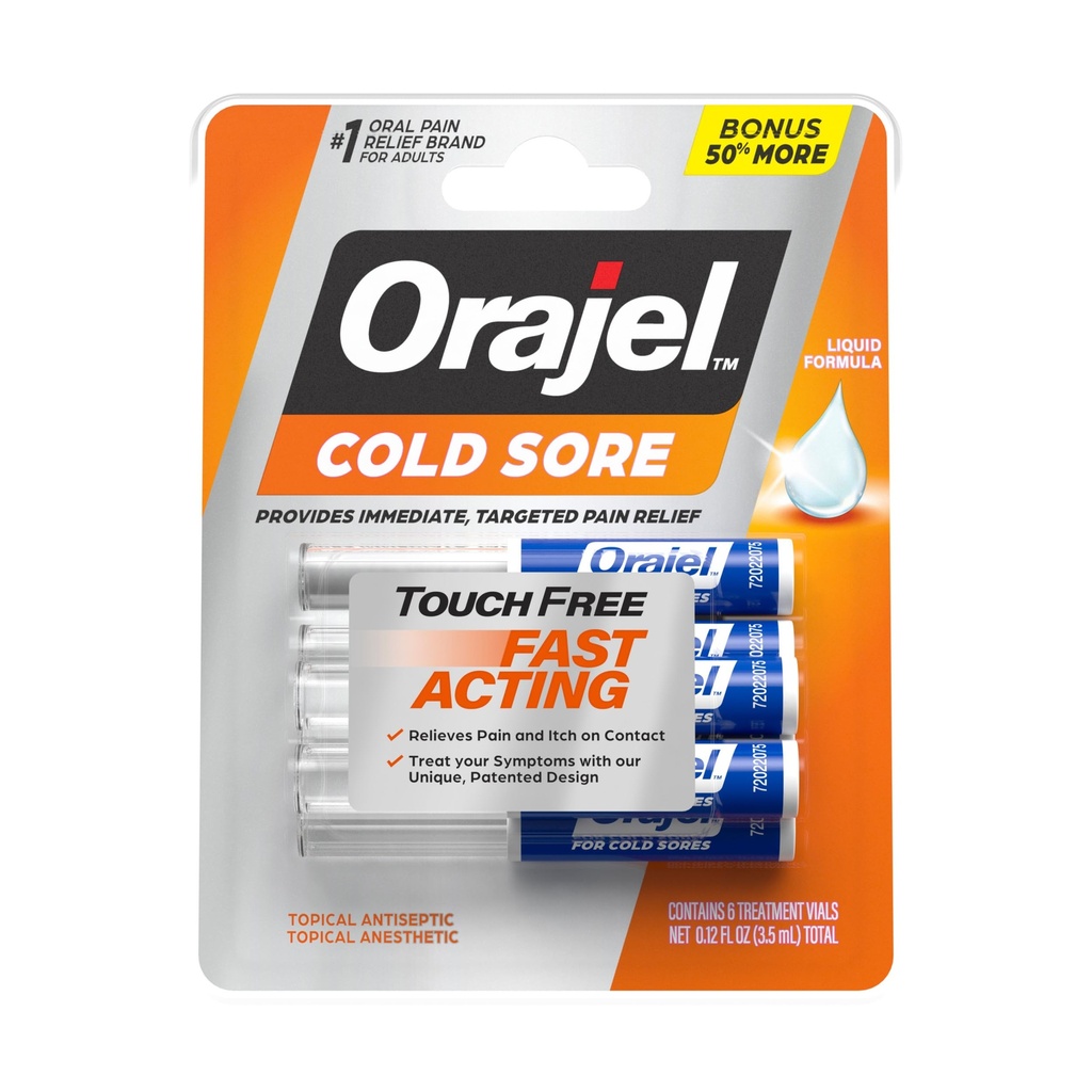 Orajel の接触自由な風邪の心配の処置 .12oz、液体の方式は、即時及びターゲットを絞られた痛みの軽減、ボーナス サイズ、6 のアプリケーターを提供します。
