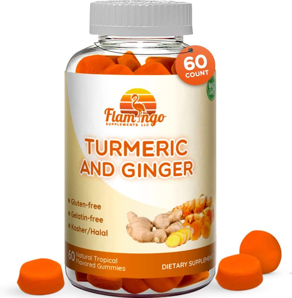 Turmeric Curcumin & Ginger Chewable Gummies for Adults and Children.Vegan Friendly, Kosher & Halal, Gluten Free, Non GMO. 60 Count