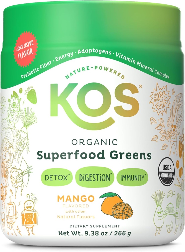 KOSオーガニックスーパーフードグリーンパウダー - Prebiotic Fiber、Supergreens、AdaptogensのGt Health - USDA認定オーガニック、GMP認定施設で作られました - 28はマンゴーに役立ちます