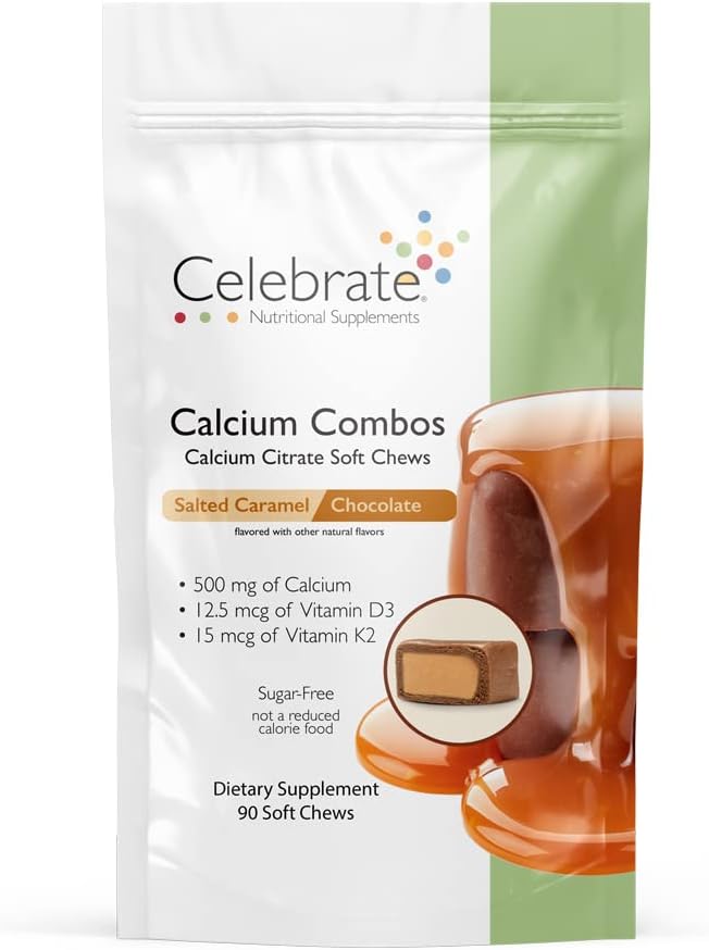 500 IU のビタミン D3 が付いているビタミンの Bariatric 500mg Calcium のクエン酸塩の柔らかい咀嚼コンボを祝って下さい-胃のバイパスの患者及び骨の健康-砂糖及びグルテンフリー、キャラメル チョコレート(90 の咀嚼)のための本質的