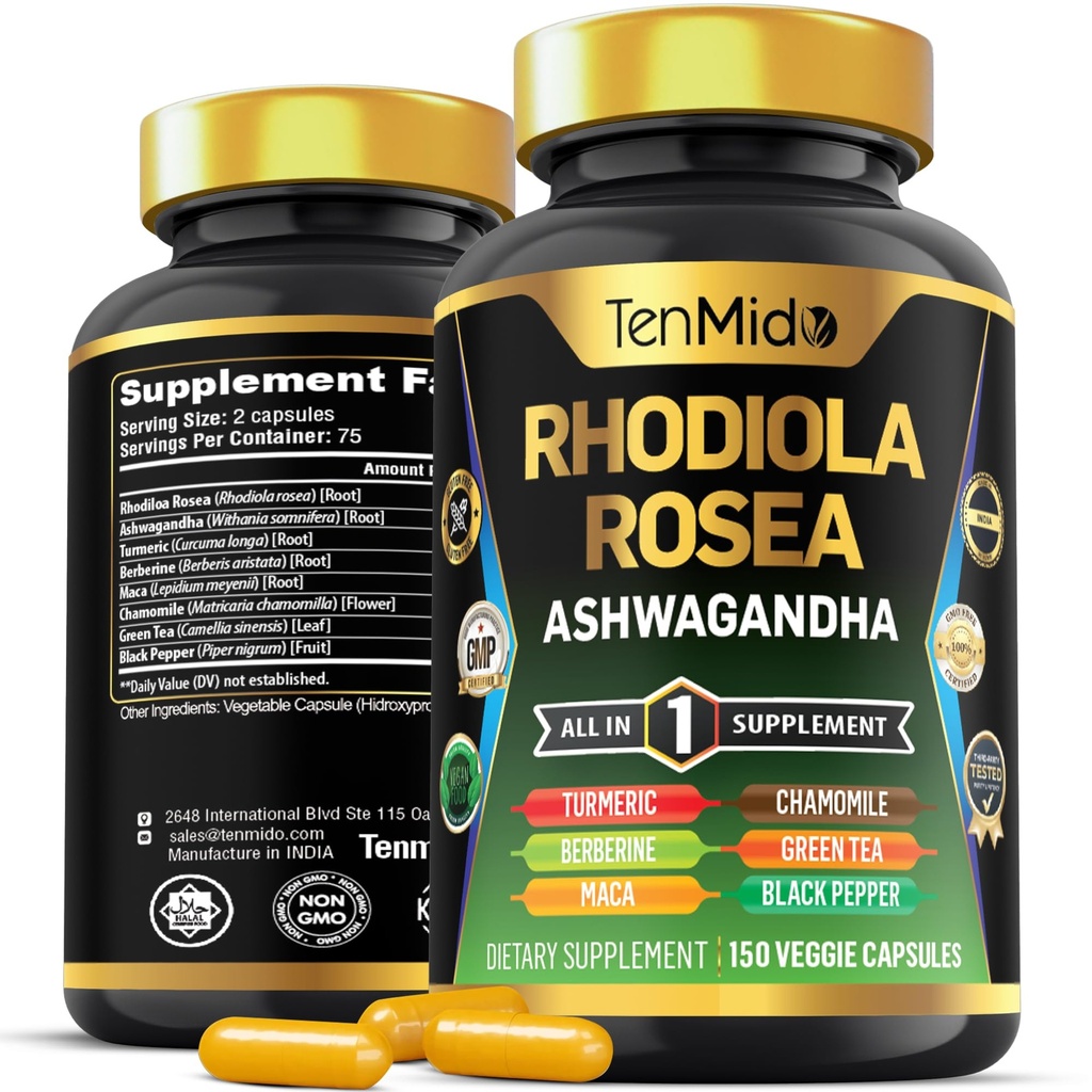 Rhodiola Roseaの補足 - 8in1の方式 - Ashwagandha、Turmeric、Berberine、Maca、Chamomile、緑茶および黒いペッパー-栄養素豊富な- 150のビーガンカプセルと結合して下さい