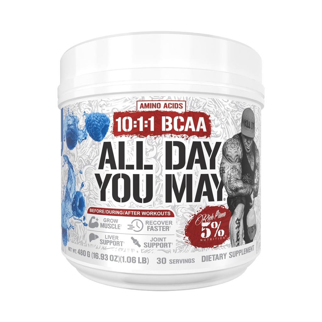 5%栄養豊富なPiana AllDayYouMay BCAAパウダー | プレミアムイントラ&ポストワークアウトアミノ酸, EAA, 電解液 | 水分補給, 耐久性, 回復 | ビーガン&ケト | 16.4 oz, 30 Srvgs (ブルーラズベリー)