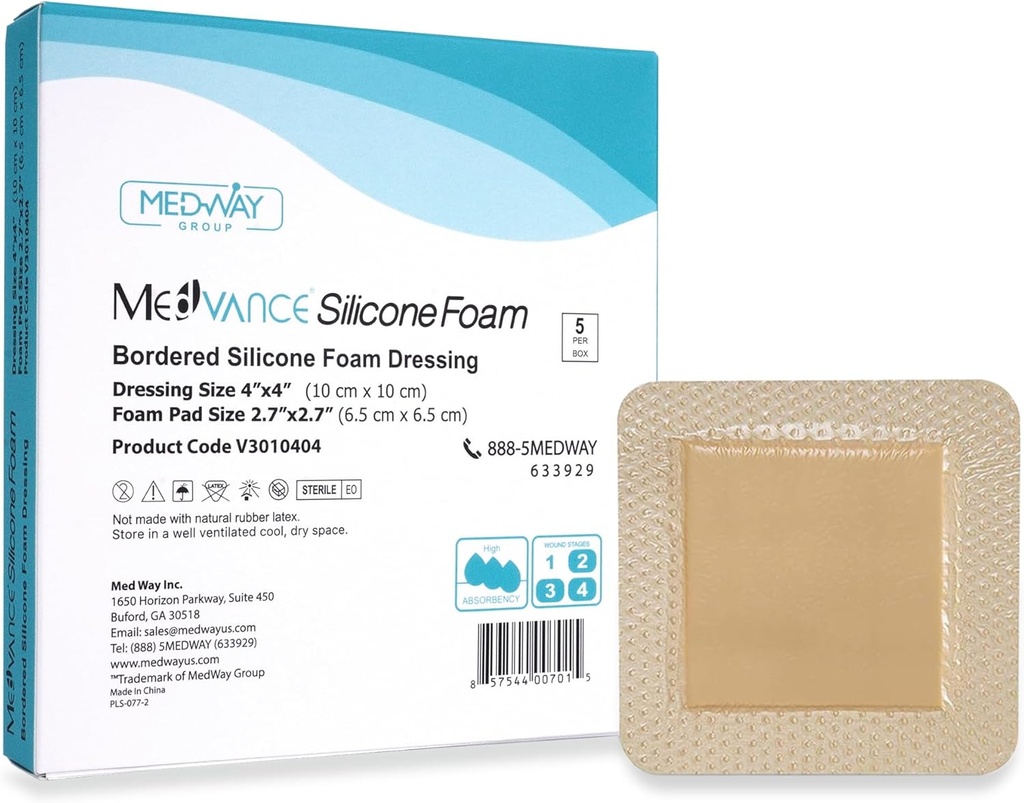 MedVance TMのシリコーン-Borderedのシリコーンの付着力の泡のドレッシングのサイズ4" x4」(2.7" x2.7」パッド)、5つのドレッシングの箱