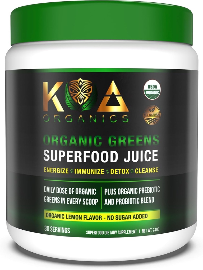 Greens Superfood Juice Powder - USDA Organic Super Greens Powder with with Spirulina, Chlorella, Matcha, Wheat Grass, Digestive Enzymes & Probiotics - Lemon Flavor -30 ServQ
