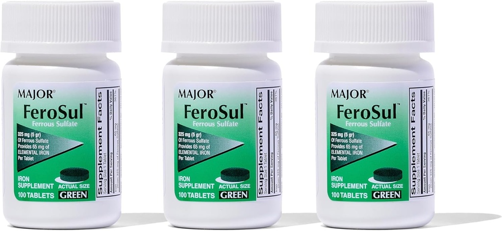 主要なFerosul - 元素鉄の65mgの鉄硫酸塩325mgのタブレット-女性のための鉄の補足、人-緑- 100のタブレット(3のパック)