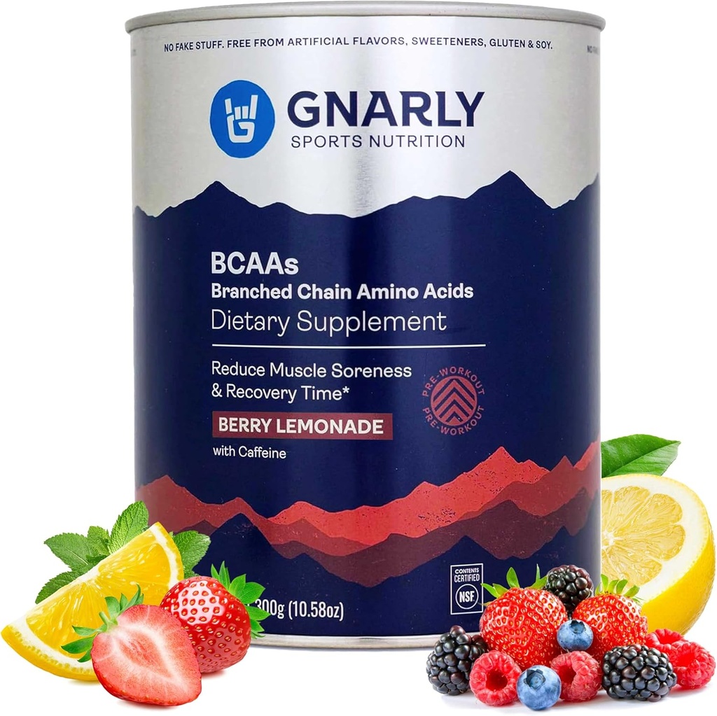 Gnarly Nutrition BCAAパウダー、Berry Lemonade - プレワークアウトBCCAASアミノ酸 - NSFスポーツ認定 - 筋肉をサポートおよび再構築するためのサプリメント - カフェインとベリーLemonade、10.58 oz