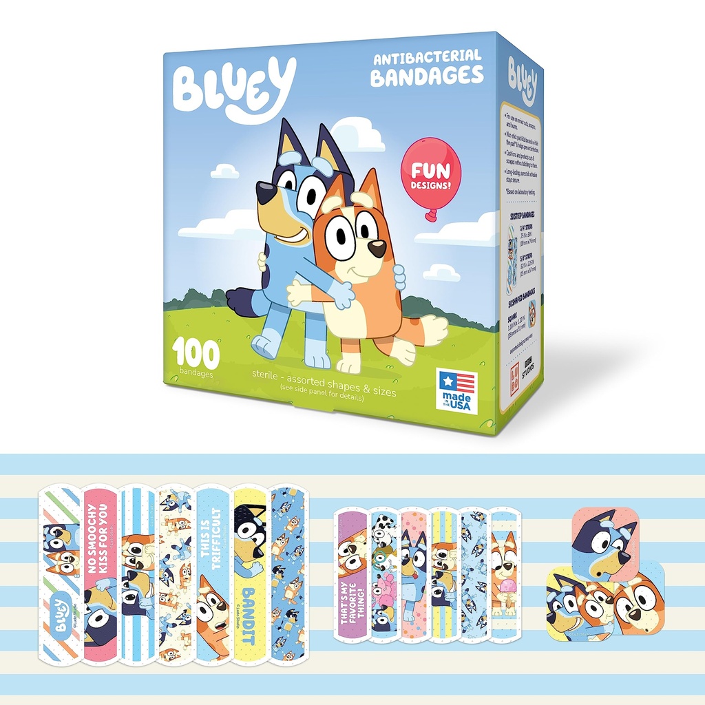 Bluey Kids Bandages, 3 盛り合わせサイズ 100 CT | ウェアライクステッカー, マイナーカットのための柔軟な接着包帯, スクレープ, バーン. 偉大なギフトのアイデアとストッパーをストック