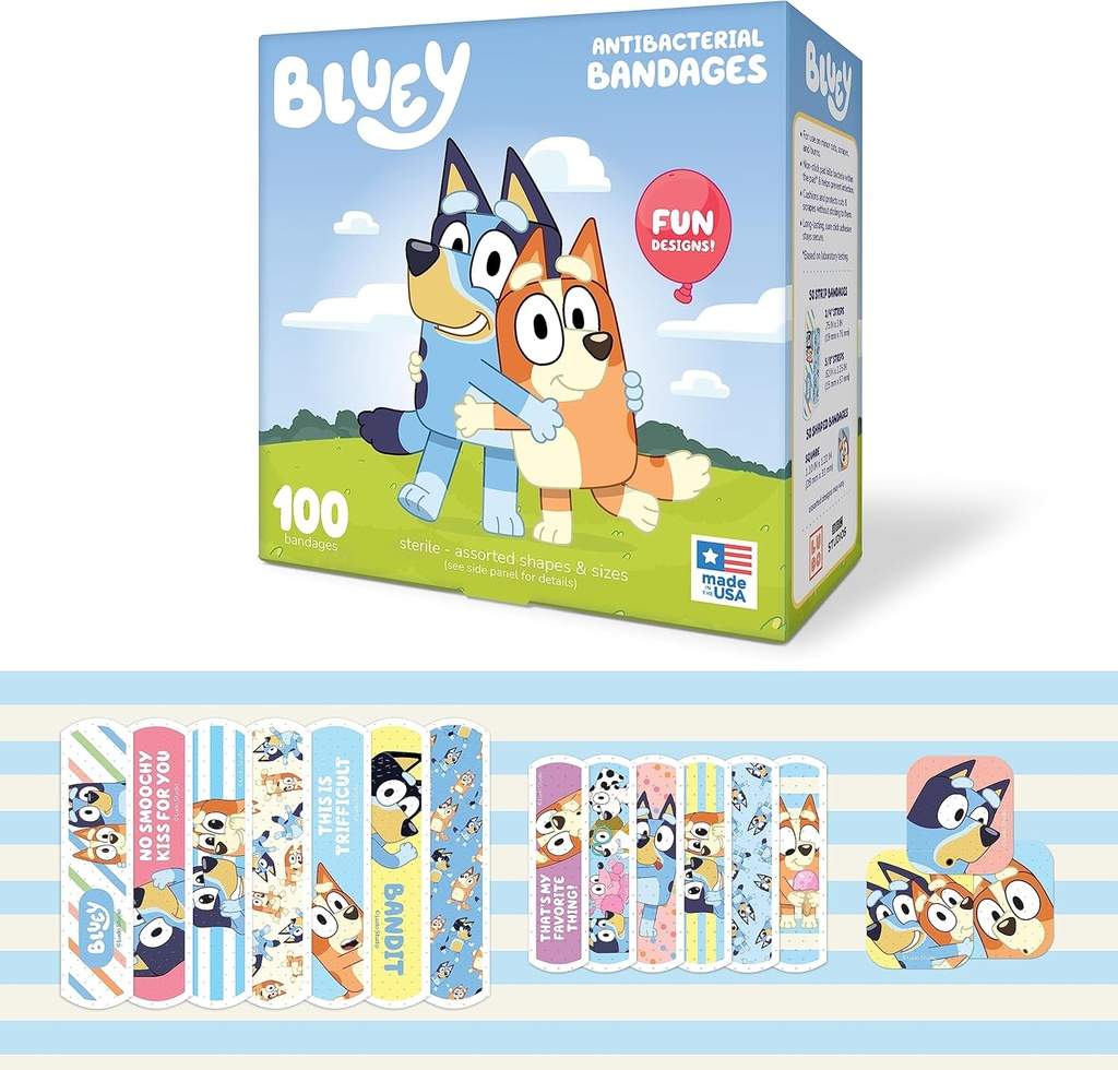Bluey Kids Bandages, 3 盛り合わせサイズ 100 CT | ウェアライクステッカー, マイナーカットのための柔軟な接着包帯, スクレープ, バーン. 偉大なギフトのアイデアとストッパーをストック