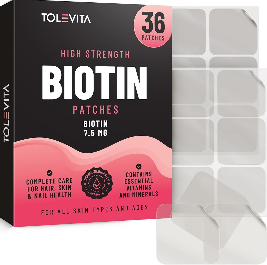 ビオチンパッチ - 36 PC | エッセンシャルビタミン&ミネラル入り 7.5 mg ビオチン | ヘルシーな髪、強烈な爪とハリの皮膚をサポート | 美容とアクティブなライフスタイルに使いやすい
