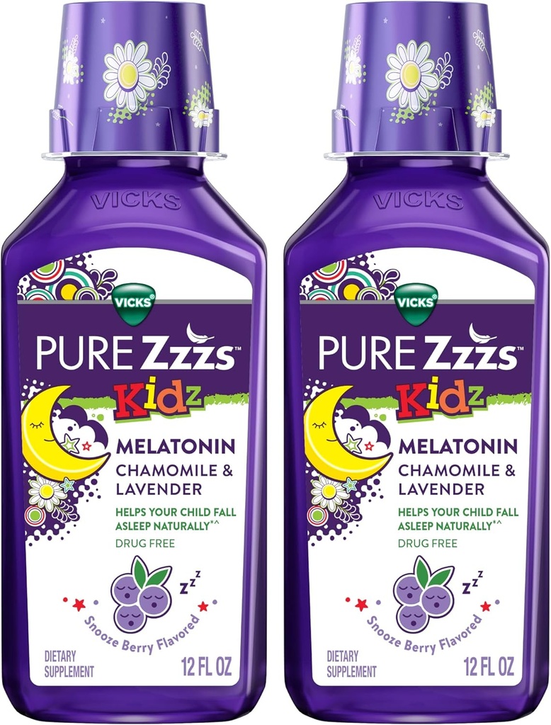Vicks 純粋な Zzzs の キッズ の Melatonin の子供 Melatonin の液体、睡眠の援助、薬物なし、Chamomile 及び Lavender の Melatonin の子供の睡眠の援助、Snooze の果実味付け、2 のパック、24 の FL の OZ