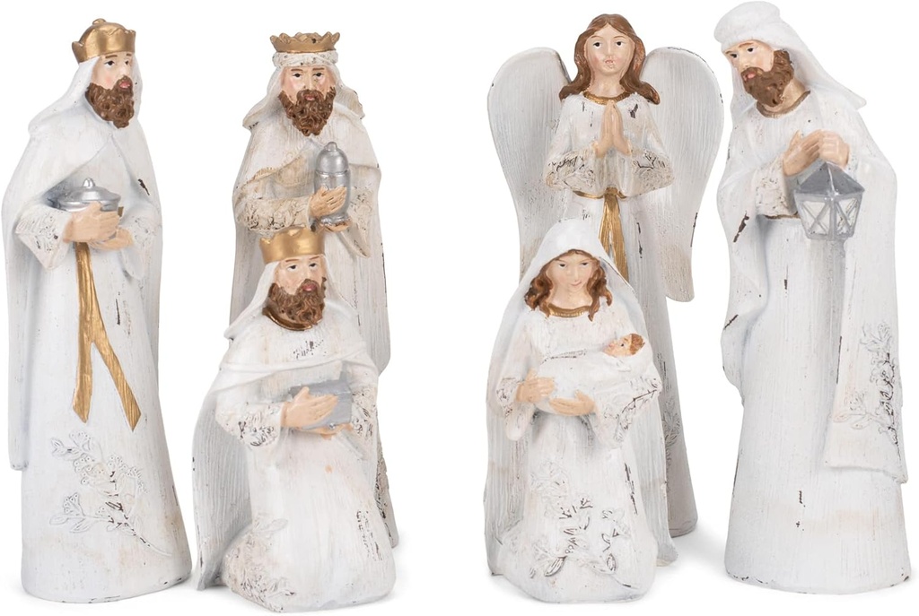 Transpac Distressed White and Gold Tone 7.5 Inch Resin Nativity Figurines Set of 6