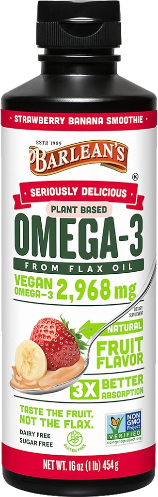 Barlean's Vegan Omega 3 6 9 Flaxseed Oil Liquid Supplement, Strawberry Banana Smoothie, Flax Seeds Oil with 2,968 mg ALA Fatty Acid, Non-GMO and Gluten Free, 16 oz