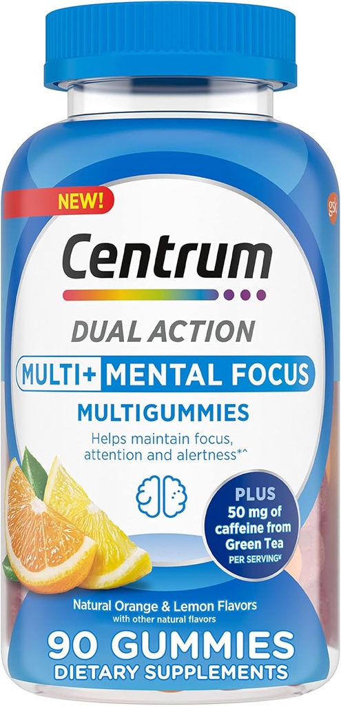 Centrum MultiGummiesマルチ+デュアルアクションメンタルフォーカスグリーンティー、サポートメンタルフォーカス、注意と注意、レモン/オレンジ味 - 90カウント