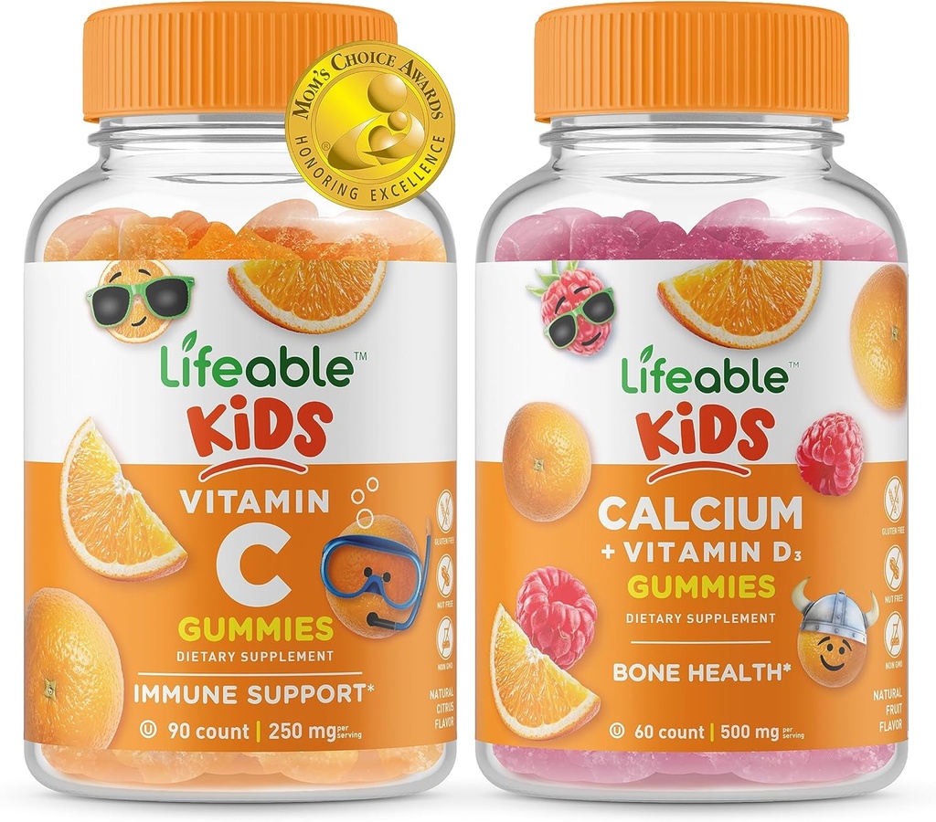Lifeable Vitamin C Kids + Calcium with Vitamin D Kids, Gummies Bundle - Great Tasting, Vitamin Supplement, Gluten Free, GMO Free, Chewable Gummy