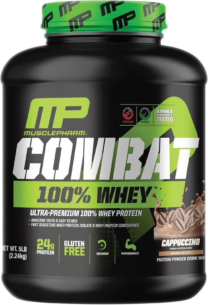 MusclePharm Combat 100%の乳白色蛋白質の粉、Cappuccinoの味、Whey蛋白質の隔離剤、女性及び人のための高い蛋白質の粉、グルテンフリーの5のlb、70のサービングとの速い回復及び筋肉利益