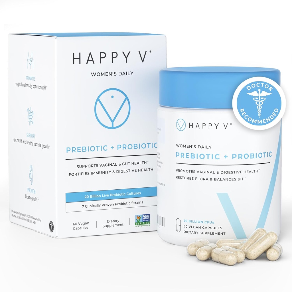 女性用オドル&イッチサポート、尿&グットヘルス、pHバランスのためのVaginal Probioticsを配合したハッピーV Dr.フォーミュラテッドVaginal Probioticsは、フェミニンウェルネスのための特許取得済みのプレバイオティクスと乳酸菌の日々のプロバイオティクス