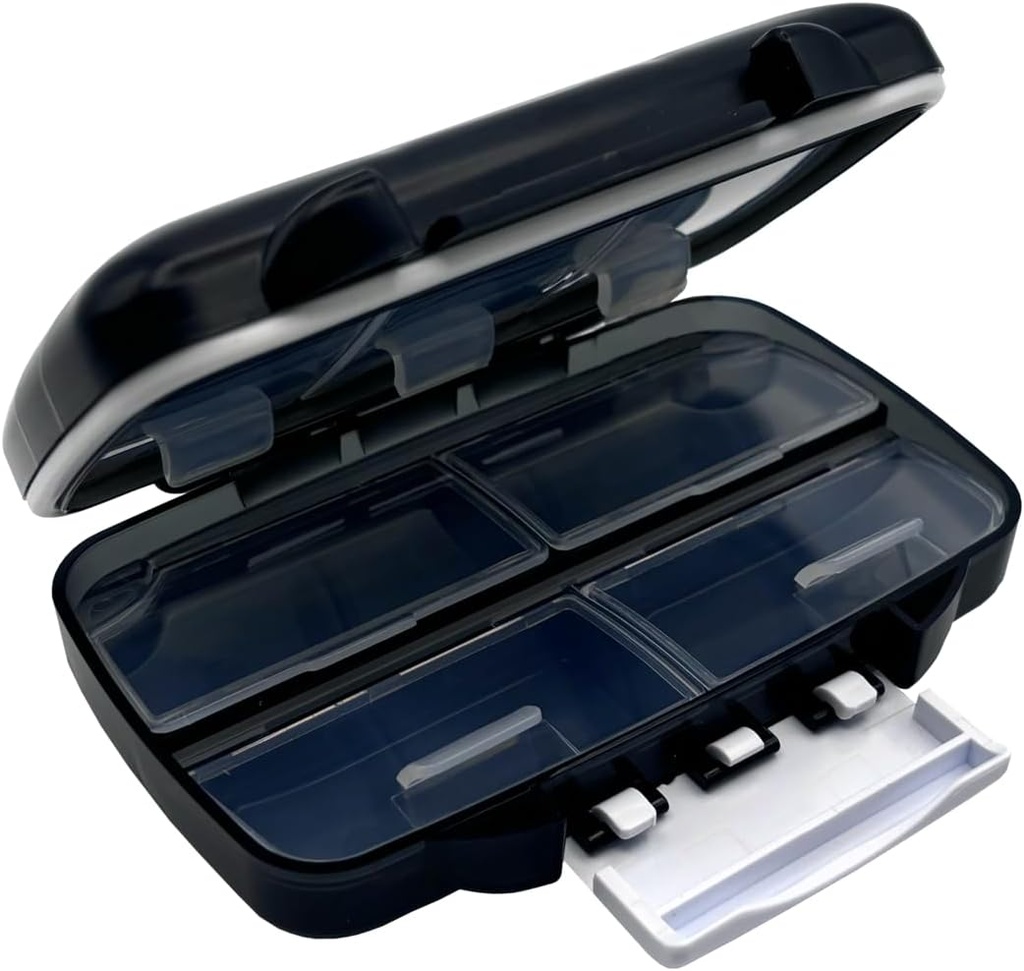 EZY DOSEの湿気防止携帯用丸薬ディスペンサー、ポケット 財布のオルガナイザー、ファーマシー箱、旅行薬のホールダー、安全な内容、特大コンパートメント、気密のシール、中型の、黒への掛け金