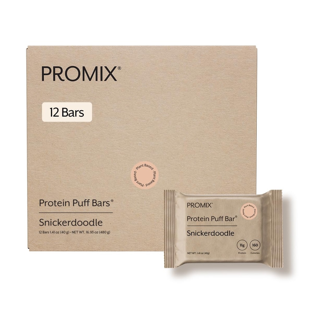 ProMix Nutrition Protein Plant Based Puff Bars - Snickerdoodle - Marshmallow Crispy Treat - High Protein & Low Calorie - 12 Bars