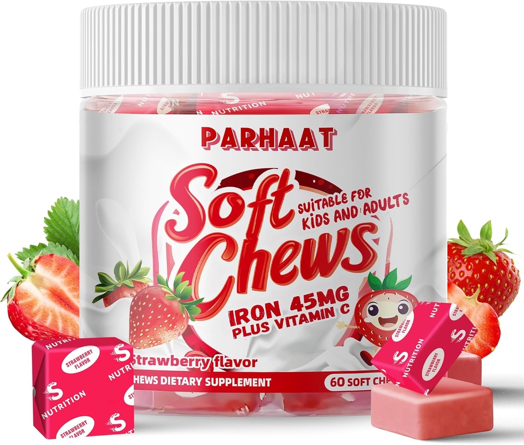 Iron Soft Chew Supplement with Vitamin C | Strawberry Flavored | Gluten Free | Iron Supplement for Women Men and Kids | 60 Count | 2 Month Supply