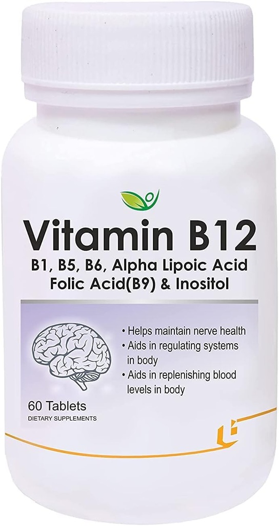 Verem Nutraceuticals Vitamin B12 with B1, B5, B6, B9(Folic Acid), Alpha Lipoic Acid ALA & Inositol Supplements | Energy Management | Antioxidant | 60 Tablets
