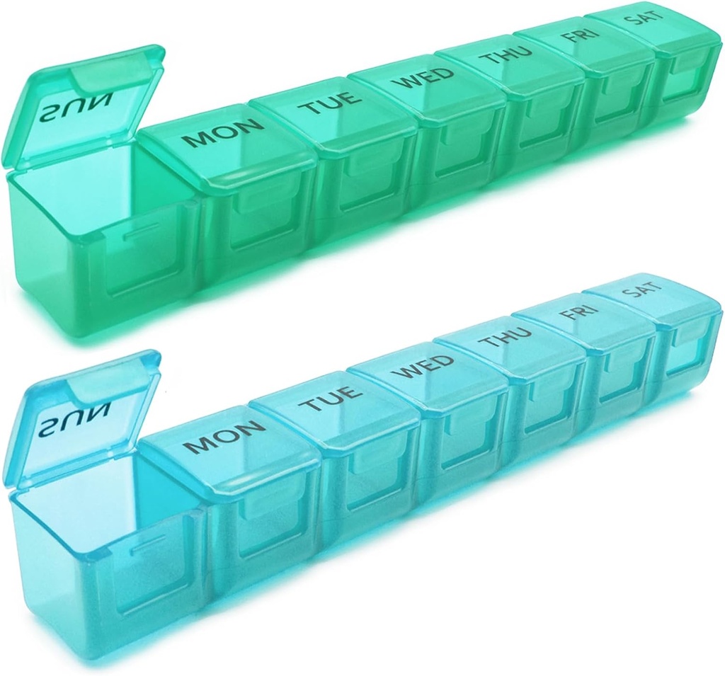 2 Pack Weekly Pill Organizer, Large 7 Day Pill Case, Daily Vitamin Case Medicine Box, AM/PM Pill Containers for Medicine Supplements Fish Oil (Blue & Green)